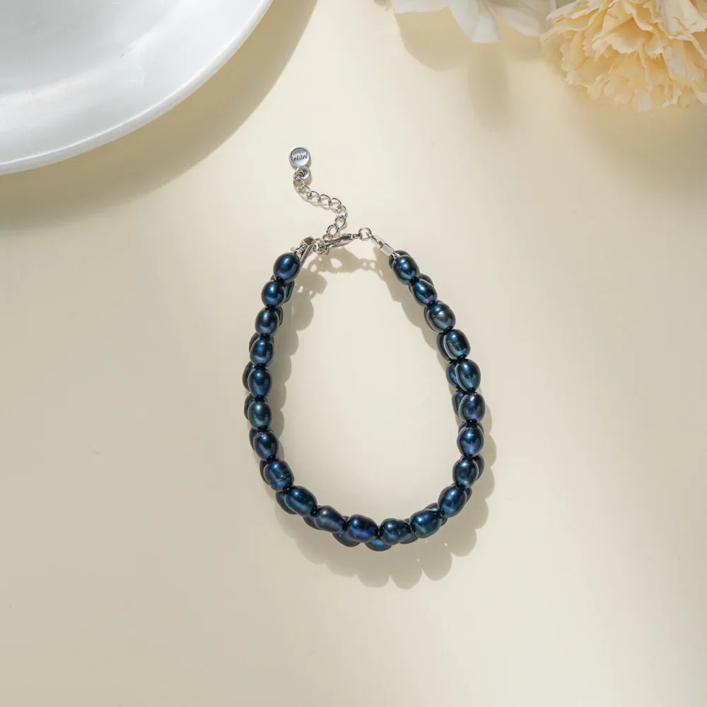 

YWYC 4-5mm Black Rice Shape Freshwater Pearl Bracelet for Women 16cm 4cm Extend Chain Adjustable Pearl Bracelet Jewelry Gift