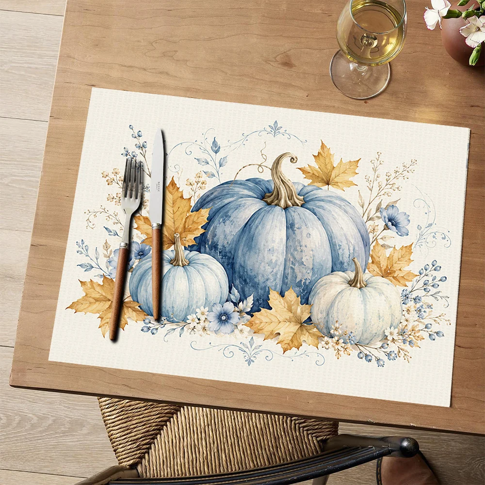 Two Pumpkins Surrounded By Leaves Pattern Placemats  Rectangular Polyester Tablecloths Suitable For Restaurant