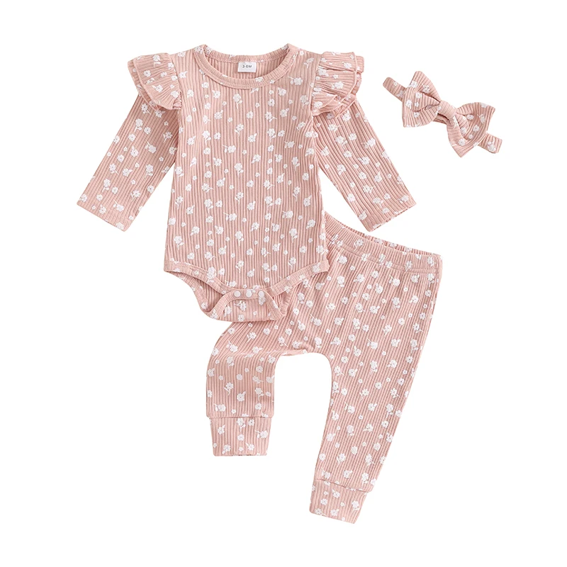 

Baby Girls 3 Piece Outfit Floral Print Ribbed Long Sleeves Romper and Elastic Pants Headband Set Cute Clothes