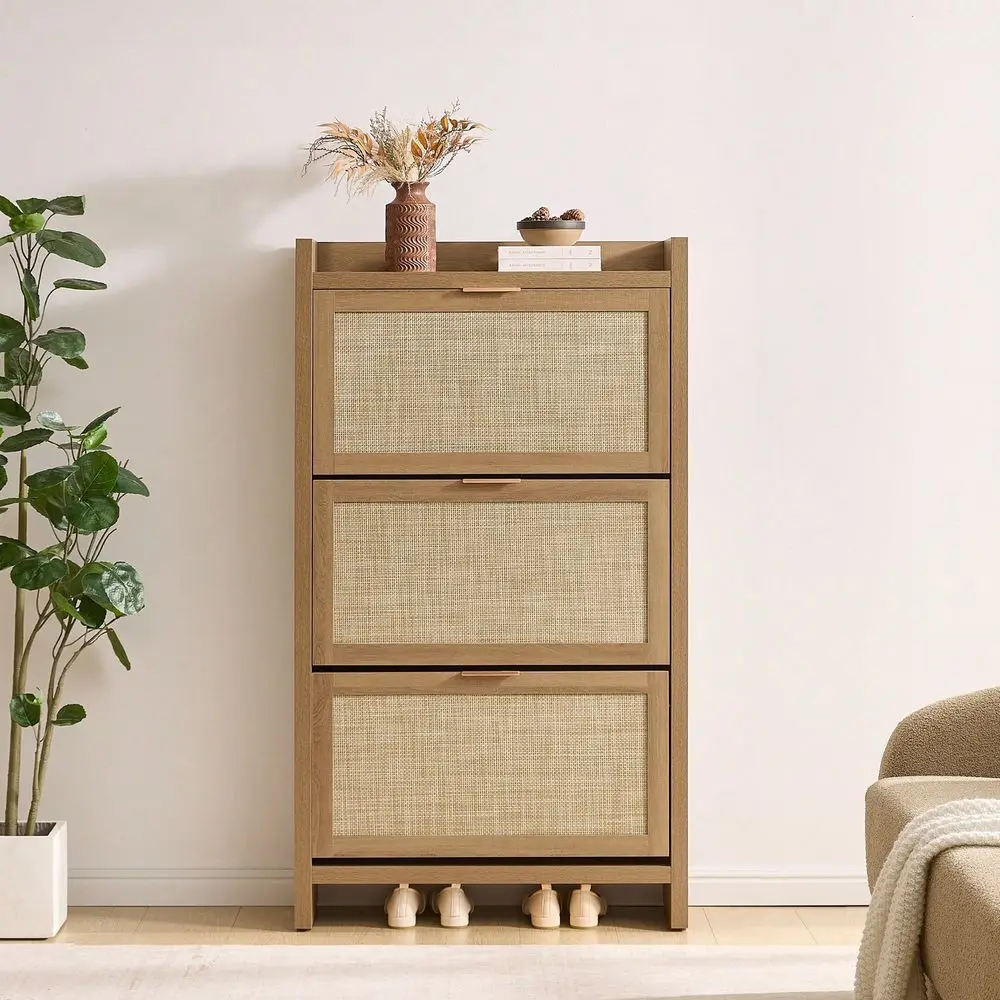57 Tall Shoe Storage Cabinet For Entryway, 30 Pairs Shoe Cabinet With 3 Rattan Flip Drawers, Modern Rattan Shoe Rack Cabinet Fo