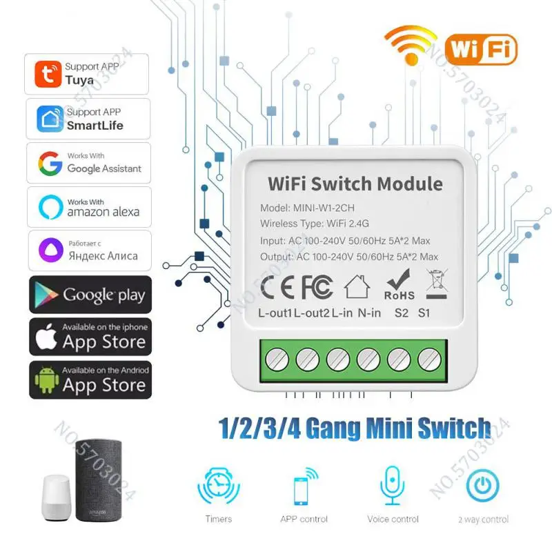 WiFi Smart Mini Switch Tuya Smart 1/2/3/4 Gang Switch 2 Way Control Breaker Module Works With Alexa Google Home Alice Smart Life