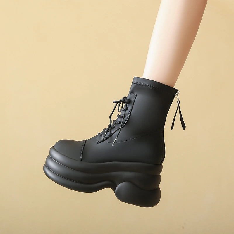 

New Autumn Winter Leather Mid-calf Boots 9CM 2025 Chunky Heels Motorcycle Boots Woman Thick Bottom High Platform Short Booties