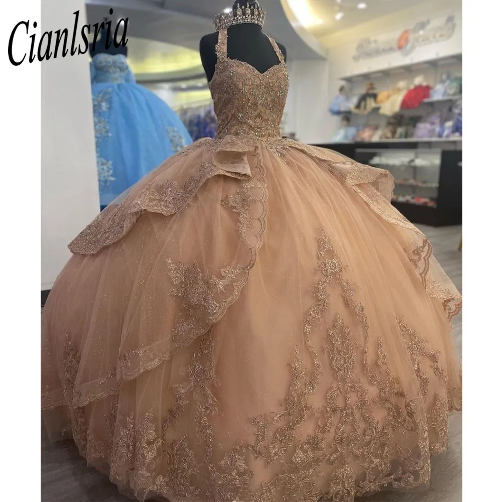 Shinning Flowers Appliques Corset Halter Neck Quinceanera Dresses Ball Gown Princess Dress vestidos de quinceañera