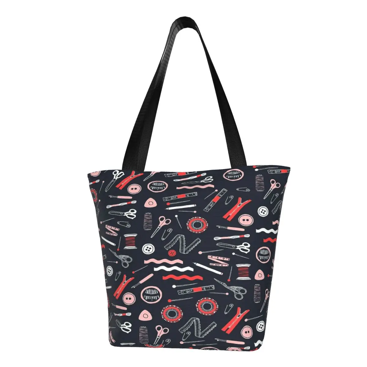 Sewing Theme Print Casual Shoulder Tote Shopping Bag Lightweight Simple Generous For Fitness Birthday Gift