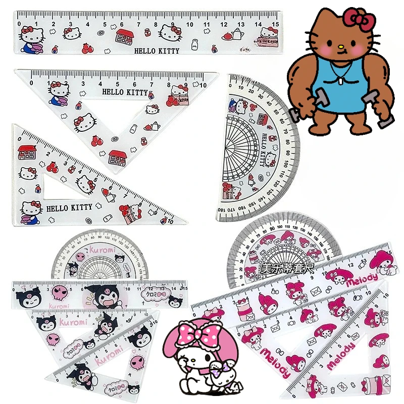 

4pcs/Set Sanrio Hello Kitty Cartoon Ruler Set Acrylic Triangular Plate Protractor Measuring Ruler Stationery Kids Christmas Gift