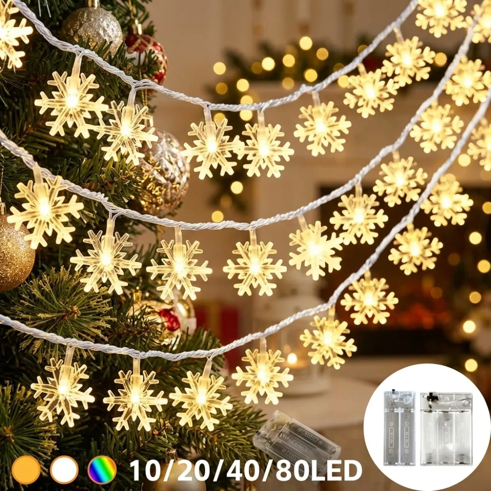 Battery Operated Snowflake String Lights Warm White 3 Colors 10/20/40/80LED for Christmas Wedding Festive Home Window Decor