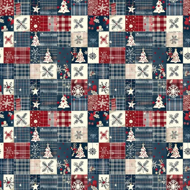 Christmas Patchwork Vintage Tree Snowflake Print Cotton Fabric - Perfect for Quilting & Crafts (Half Yard)