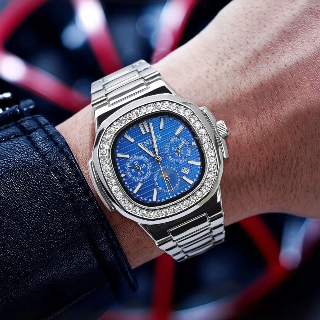 Квадратные мужские часы серии Nautilus, инкрустированные бриллиантами, дизайн скелета, водонепроницаемые, светящиеся, календарь, высокое эстетическое значение, легкая роскошь, модные, деловые, уникальные, универсальные, красивые, модные мужские наручные часы