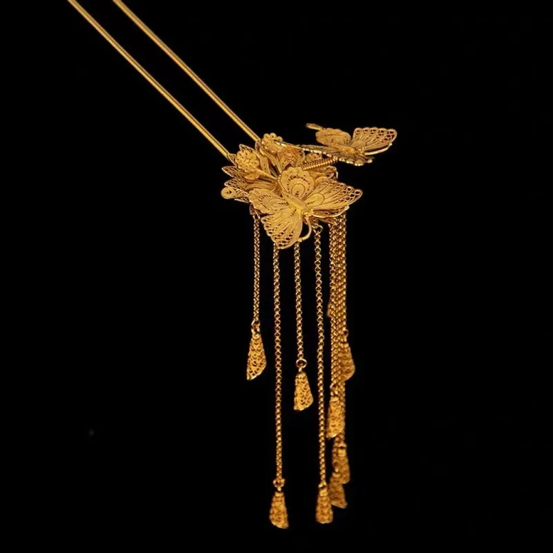 

Позолоченная медная винтажная заколка-шпилька с цветочным филигранным узором и двойным подвесом в виде бабочки для подарка к костюму Ханьфу