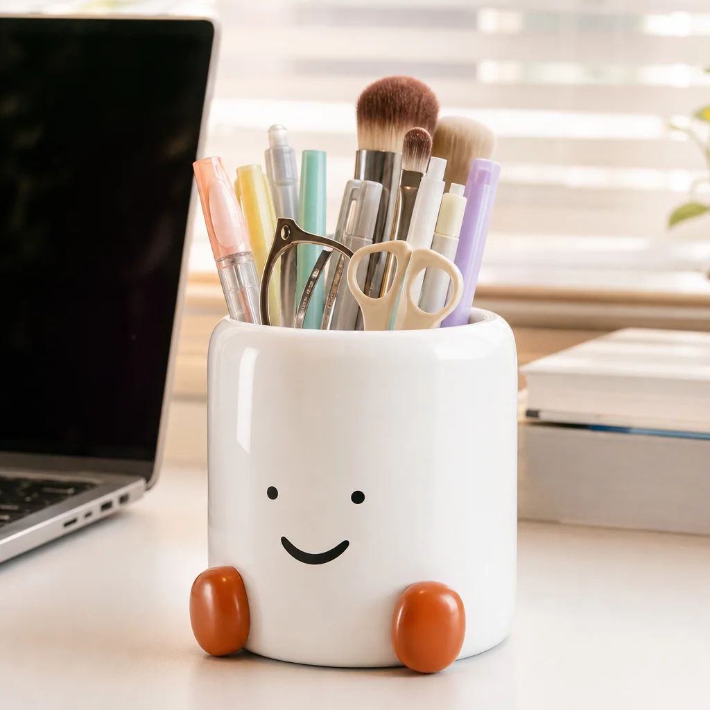 Cute Pen Holder Large Capacity Desktop Organizer for Office Desk School Student Room Vanity Table Makeup Brush Stand PP