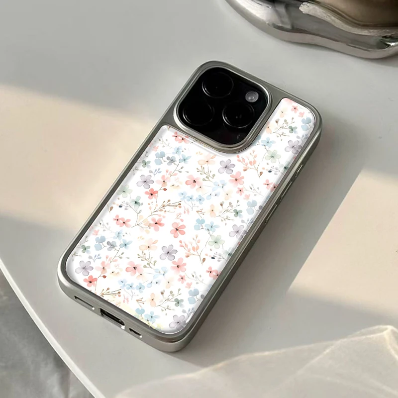 Ins Exquisite florale Hydrogel-Rückplatte mit silbernem Rand, stoßfeste Handyhülle für iPhone 17, 16, 15, 14 Pro Max