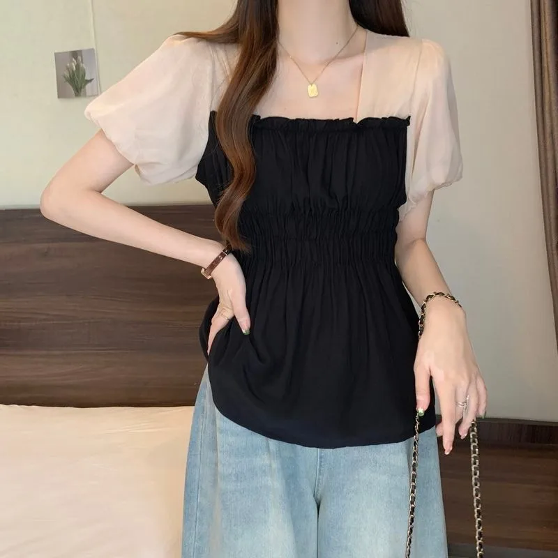 DAYIFUN Women's Square Neck Chiffon Shirt Summer French Puffed Sleeve Fitted Splice Contrast Blouse Casual Vintage Elegant Tops