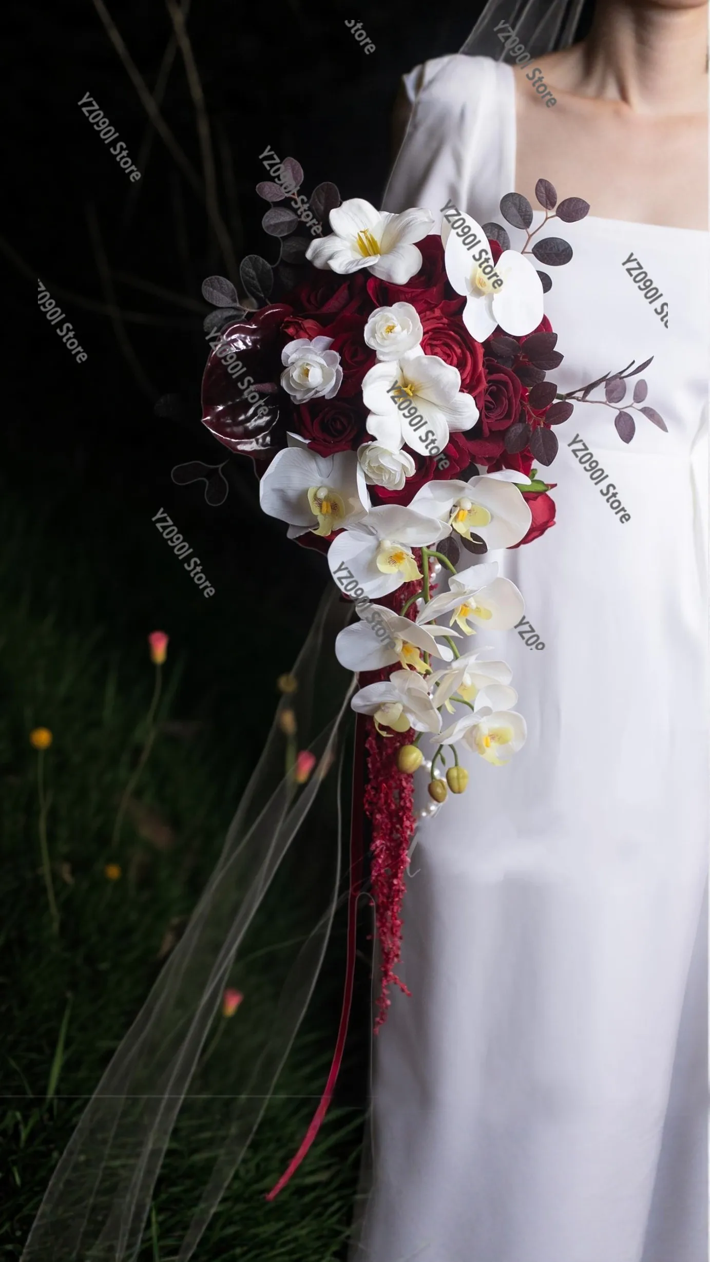 Red Cascading Artificial Bouquet, Boho Style Faux Flower for Bride Bridesmaid Wedding Party
