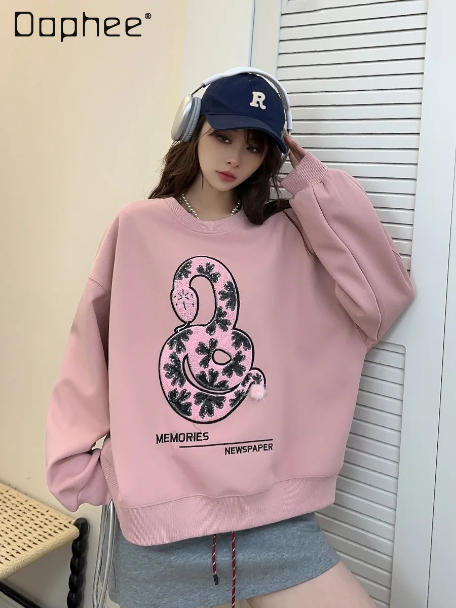 

European Goods Heavy Industry Loose Casual Cartoon Pattern Sweatshirts Mid Length Fashion Women Clothing Round Neck Tops