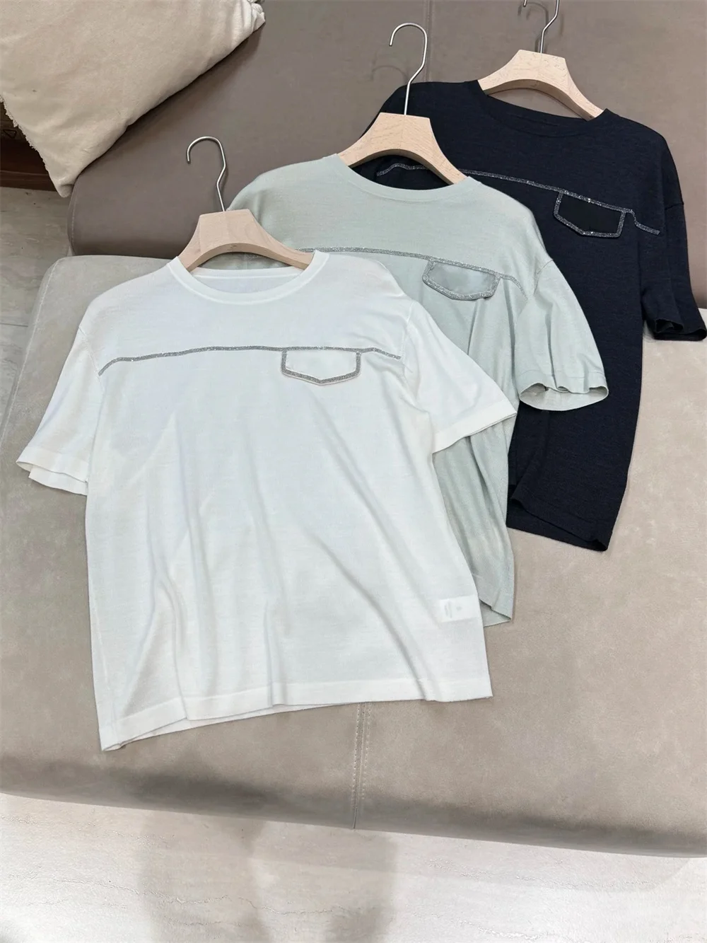 

Women's Beading Lightweight Silk-Wool Short-Sleeve T-Shirt Top