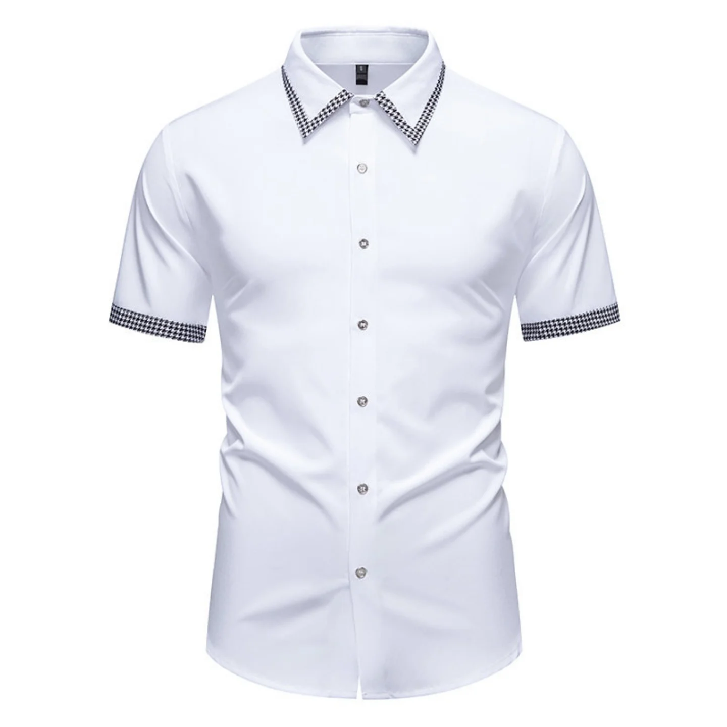 

Mens Casual Short Sleeve Shirt, Houndstooth Contrast, Lightweight & Comfortable, Button Up Collared Top, White/Black, S-2XL