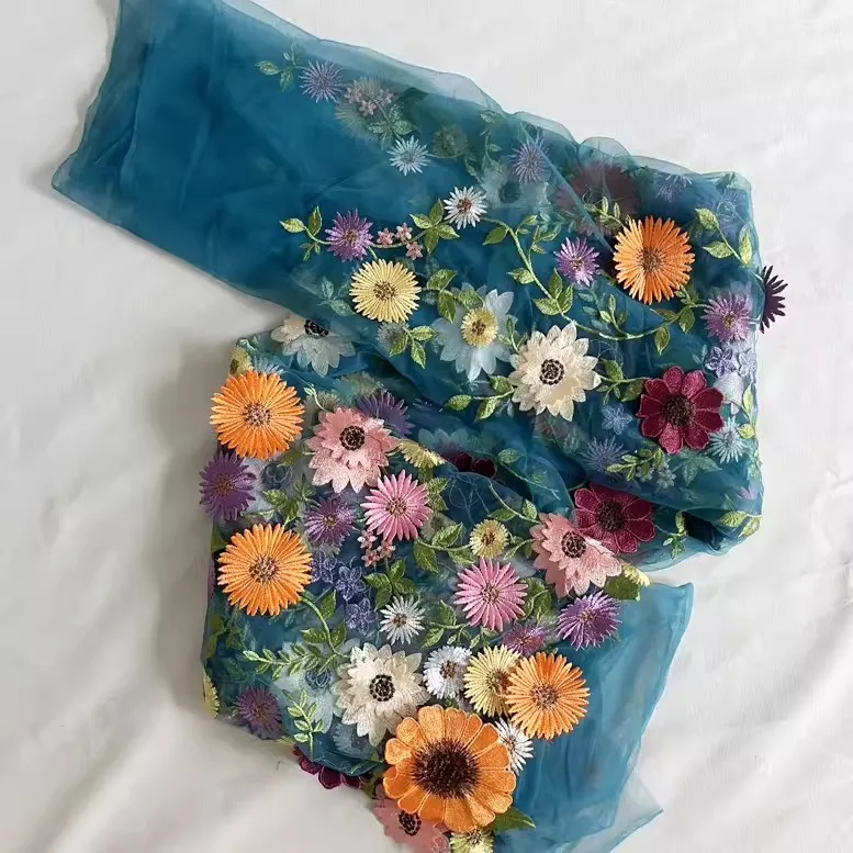 

Dark green soft mesh embroidery lace fabric Boutique 3D three-dimensional sunflower Daisy skirt fabric for women