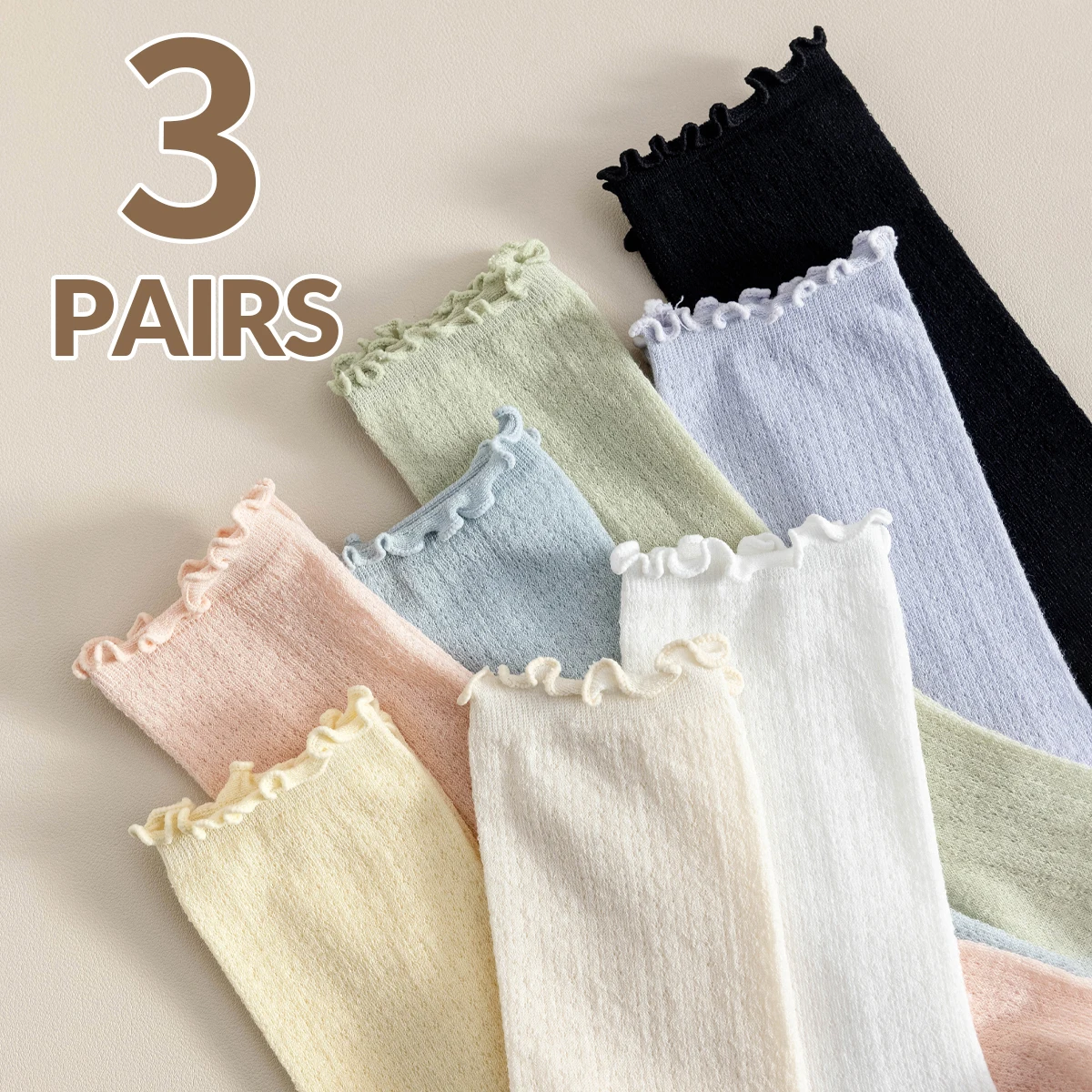 3 Pairs of Women's Cotton Summer Solid Color Mesh Breathable Lace Socks with College Style Spring and Autumn Mid Tube Socks