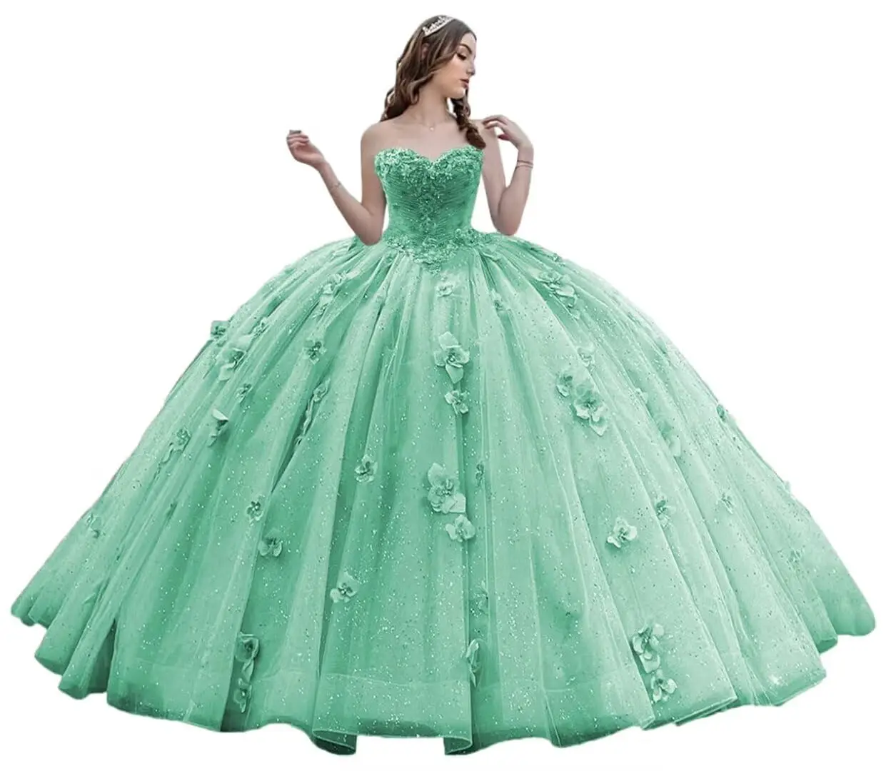 

KIVARY Princess Sweetheart Quinceanera Dresses Floral Lace Ball Gown Glitter Beaded Prom Dresses