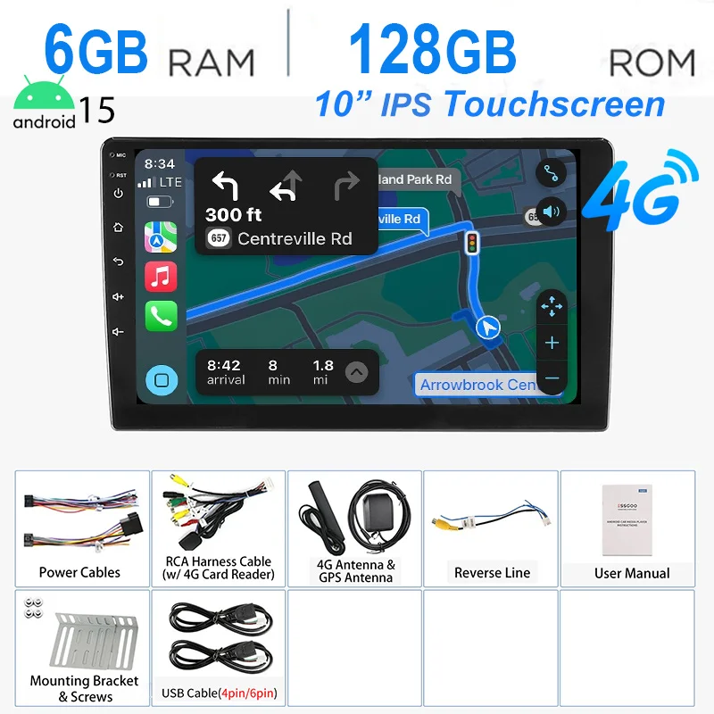 ESSGOO 7 "/9"/10 "Android15 8-Core 6 + 128G Autoradio Draadloos Carplay GPS Navi BT AM FM RDS WIFI QLED Touchscreen 4G LTE SWC 2 DIN