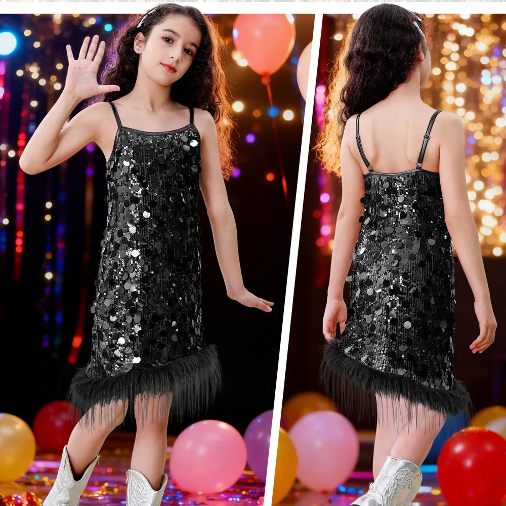 LOlanta Girls Sequin Dress Kids Sparkly Gown for Wedding Birthday Party with Spaghetti Strap Detachable Feather Hem 7-13Years