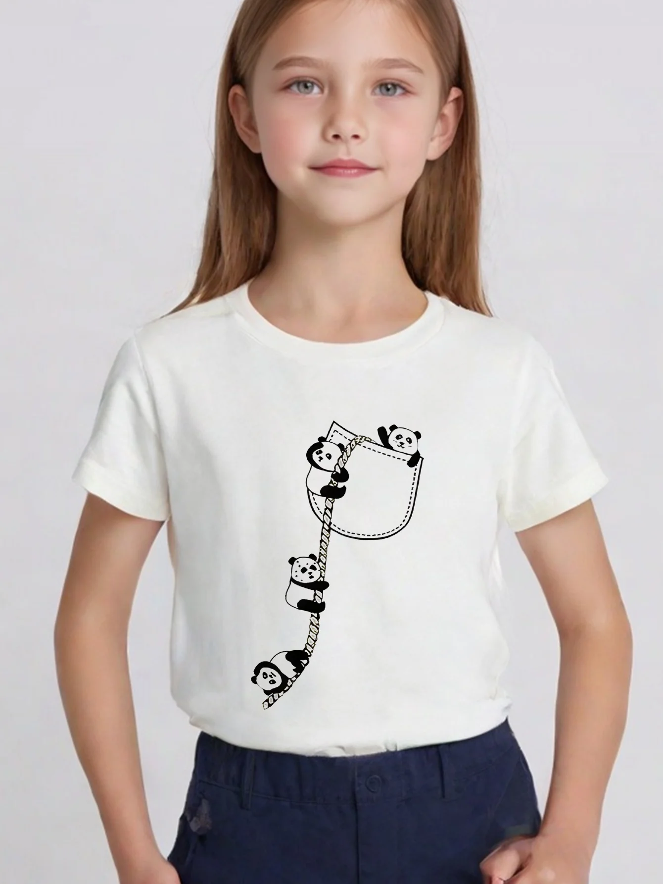 Kids Cute Pocket Rope Climbing Panda Black Line Graphic Tee Boys Girls Family Matching Short Sleeve Animal Casual Daily T Shirt