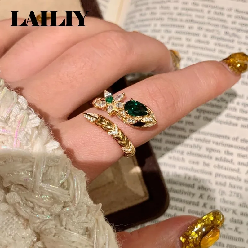 925 Sterling Silver 18K Gold Jewelry Emerald Diamond Snake Adjustable Ring for Women Fashion Jewelry