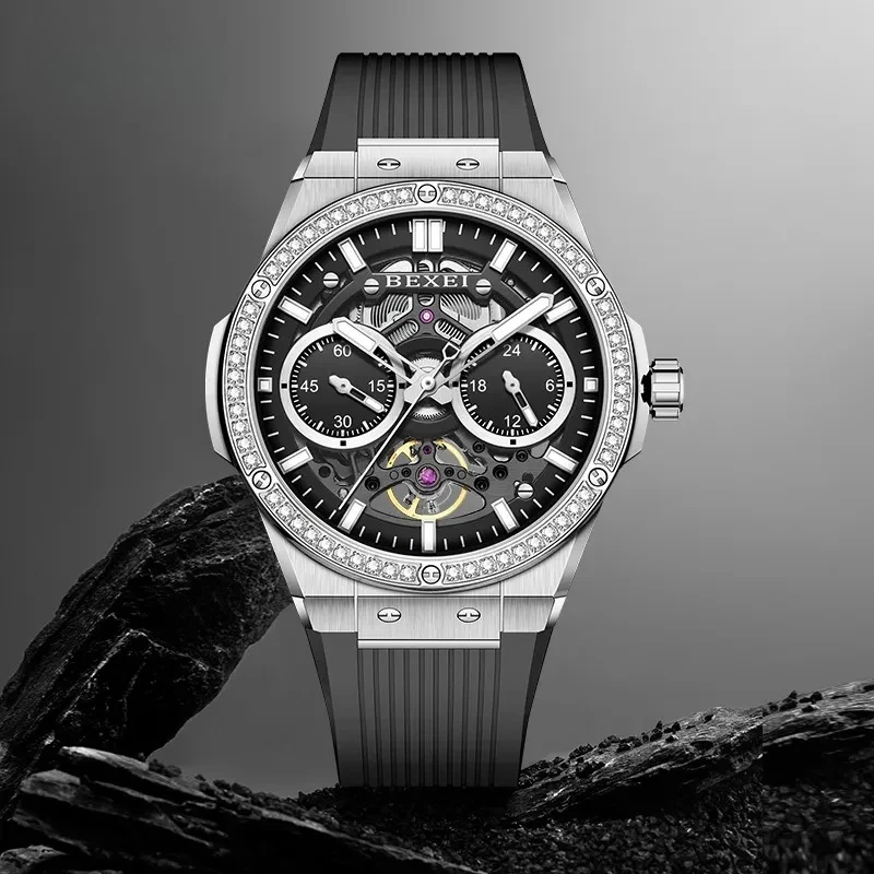 

Luxury Automatic Man Watch Hollow Skeleton Mechanical Skeleton Movement Sapphire Watches for man Waterproof Zirconia Diamond