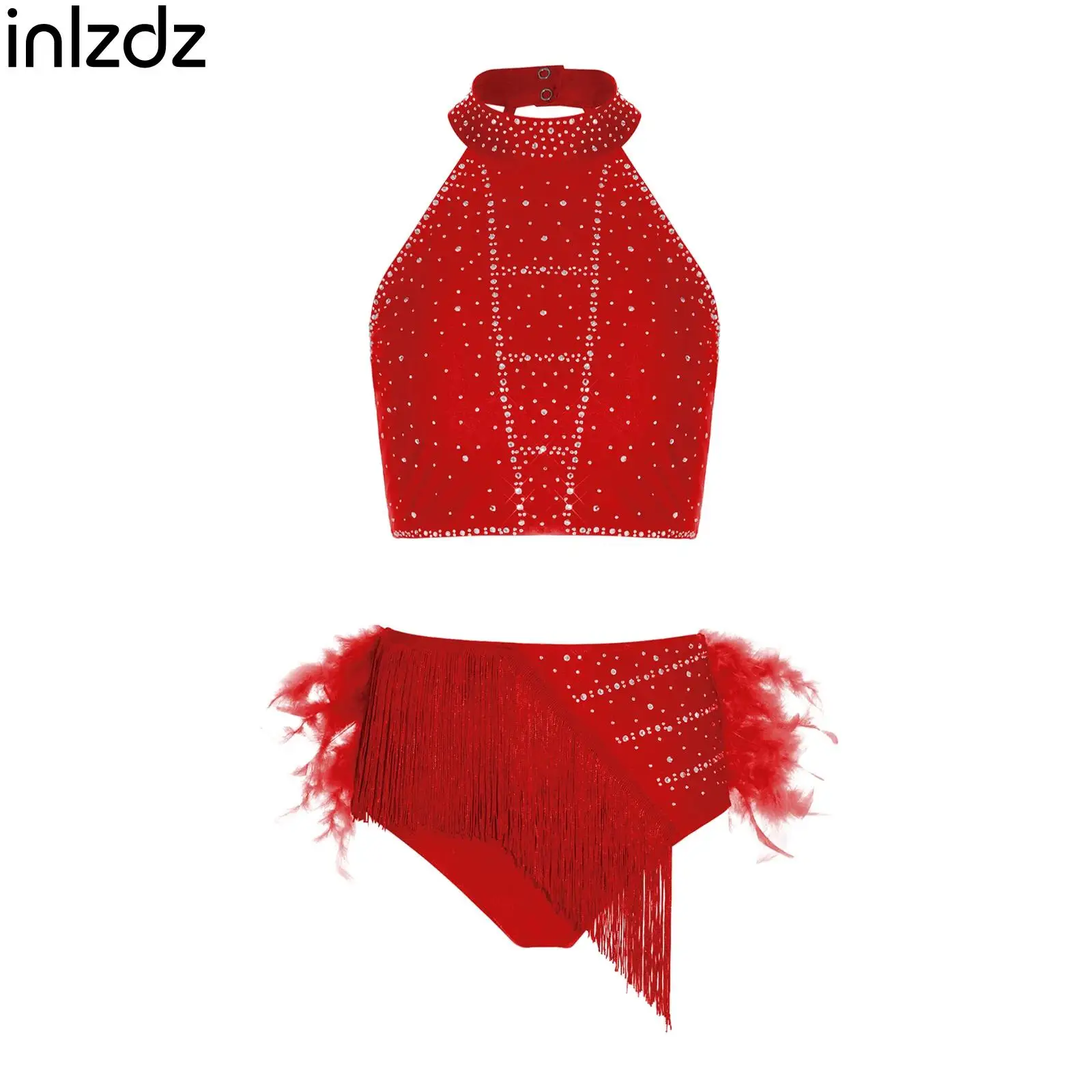 

Sparkling Rhinestone Crop Top And Tassel Decor Bottoms for Women Latin Ballet Dance Performance Clothing Salsa Tango Dancewear