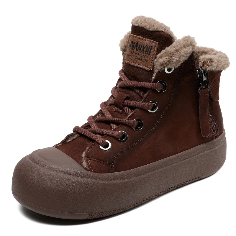 Botas femininas de couro genuíno sapatos de inverno curto tornozelos de pelúcia guangdong borracha livre senhoras botas altas sapatos de algodão zm23338