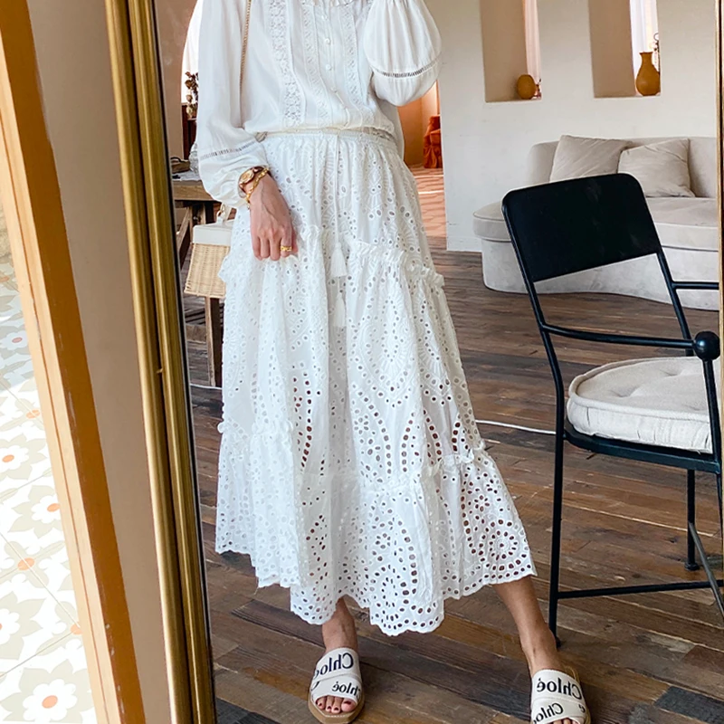 GypsyLady White Floral Embroidery Skirt Hollow Out Ruffles Pleated 100% Cotton Boho Casual Women Long Skirts Ladies Chic Skirt