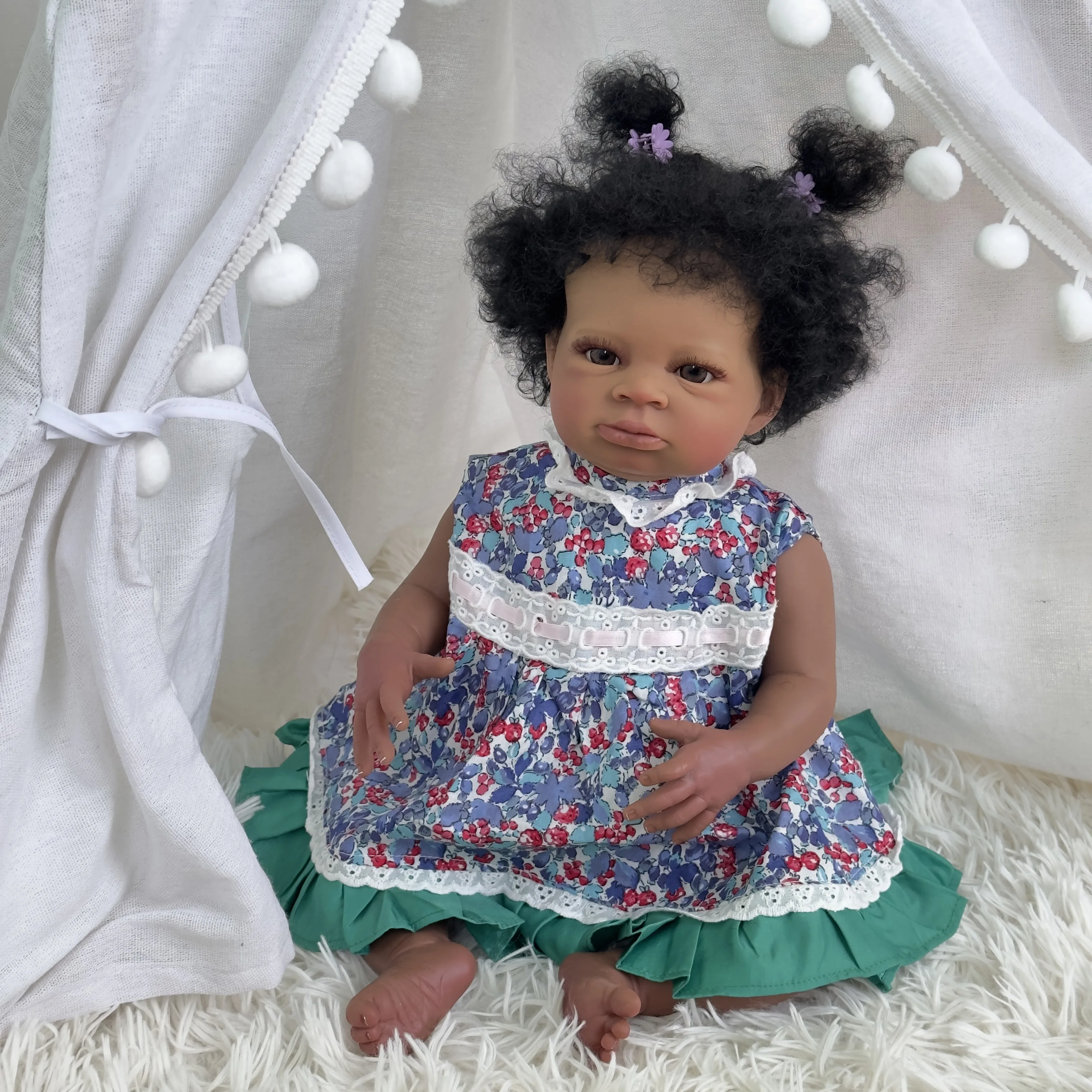 50CM Dark Skin Finished Reborn Baby Dolls Lanny African American Doll Princess Black Girl Vinyl Cloth Body Newborn Toy