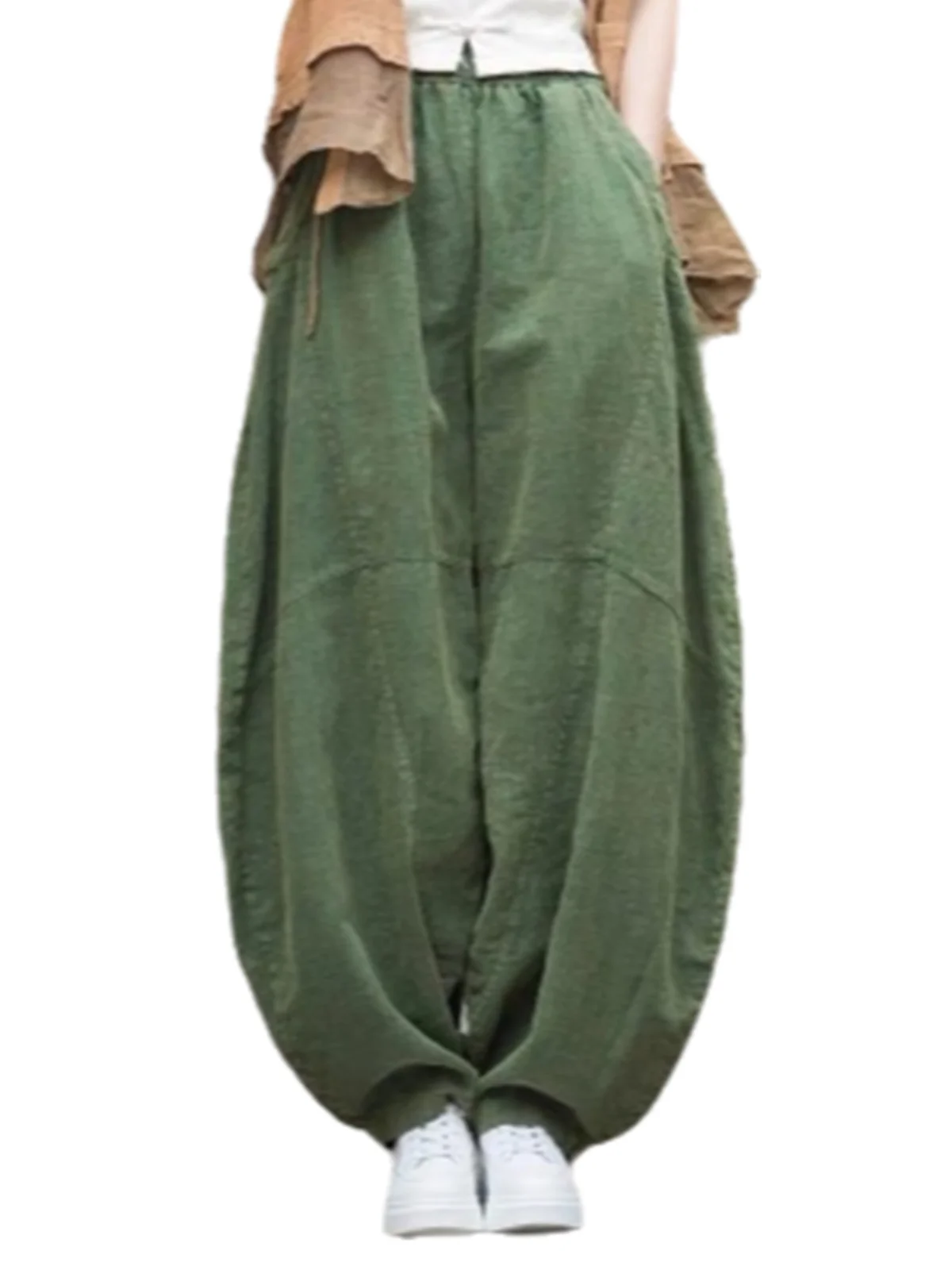 Retro Thiened Fce Women's Lantern Pants High Waist Elastic Loose Leg Linen Carrot Pants Winter Casual Wide Leg Trousers