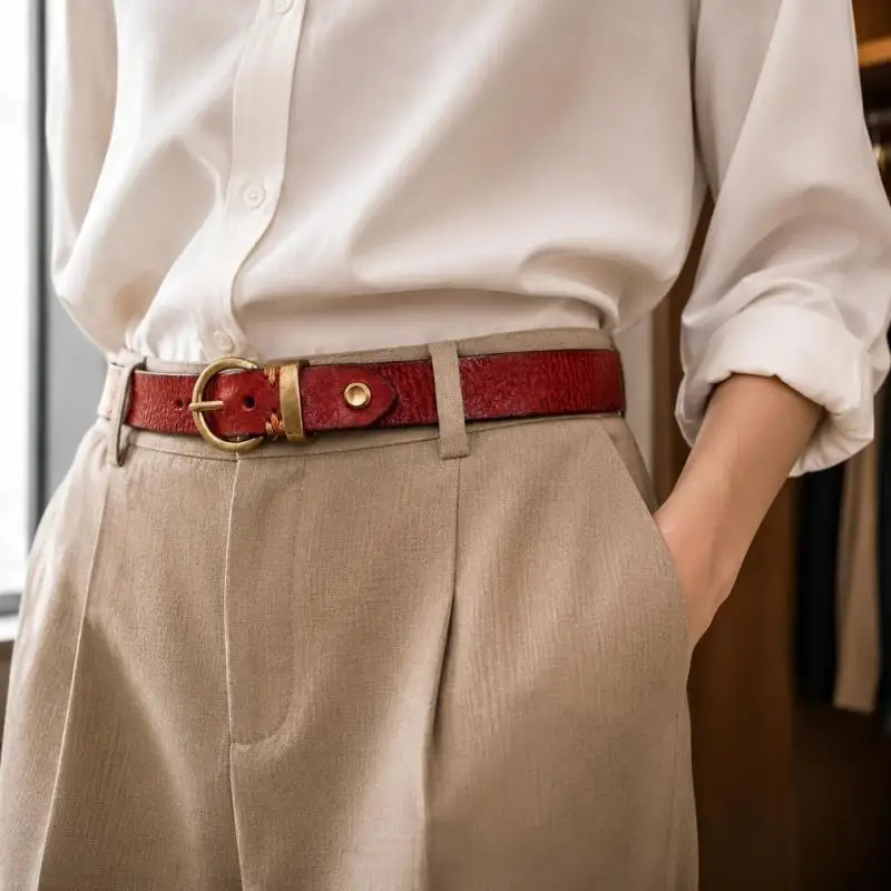 A52E Leather Waist Belt Sash for Women with Stitched Riveted End, Fixed Fastener, Flexible Strap, and Textured Finish