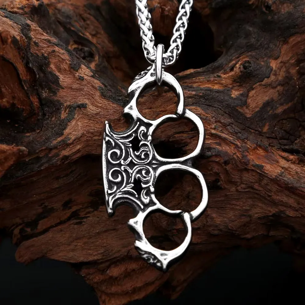 Retro Scroll Pattern Brass Knuckles Four Finger Knuckle Stainless Steel Pendant Necklace Motorcycle Male Hip Hop Daily Wear Gift