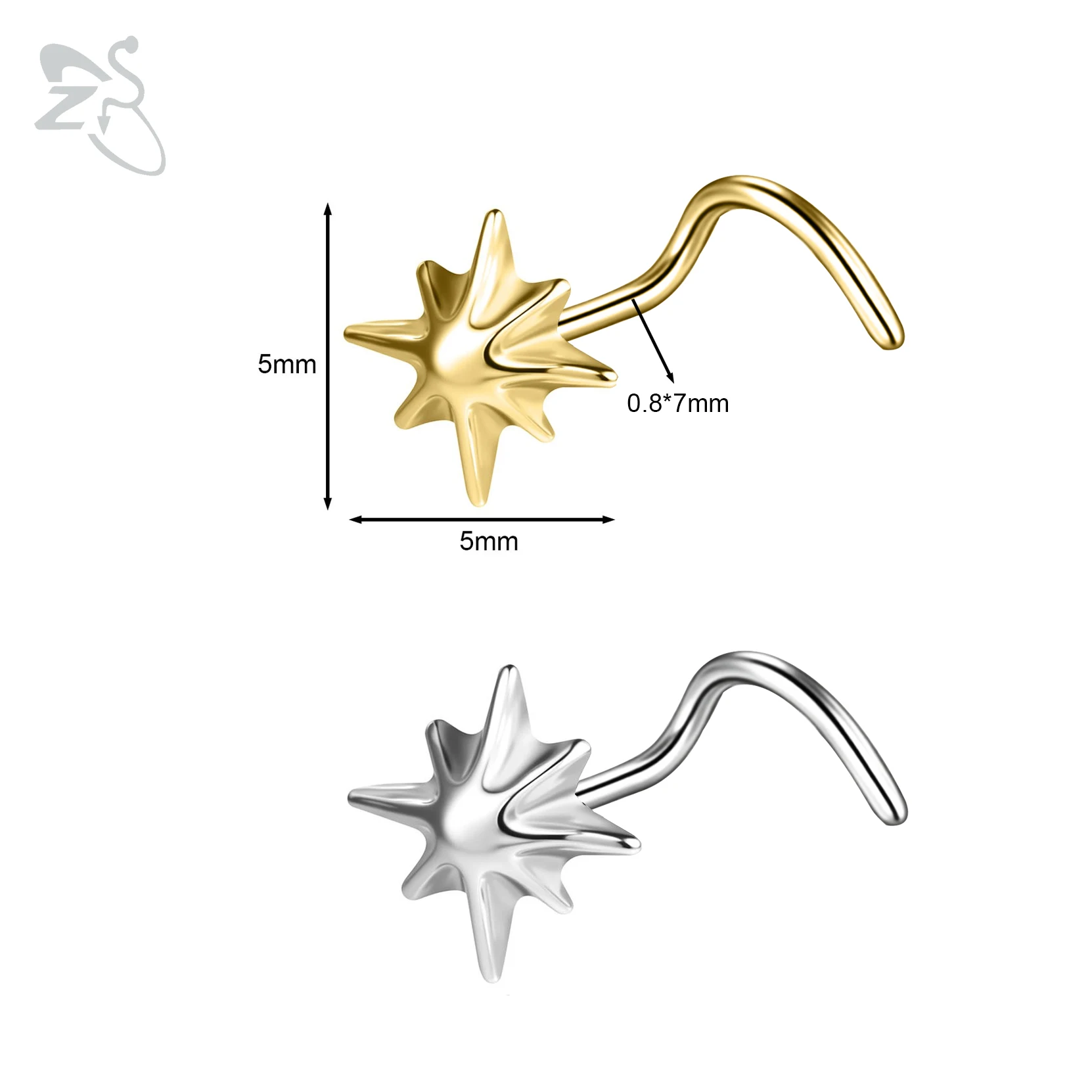 ZS 1PC 20G Gold Color Nose Ring Stainless Steel Nose Stud Fish Bone Flower Nostril Piercing L-Shaped Seputm Nose Body Piercing