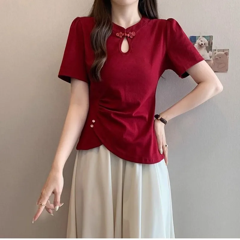 

Woman Chinese Style Knot Button T-shirt 2026 New Summer Women's Short Sleeve Tops Ladies Elegant Comfortable Breathable T-Shirt