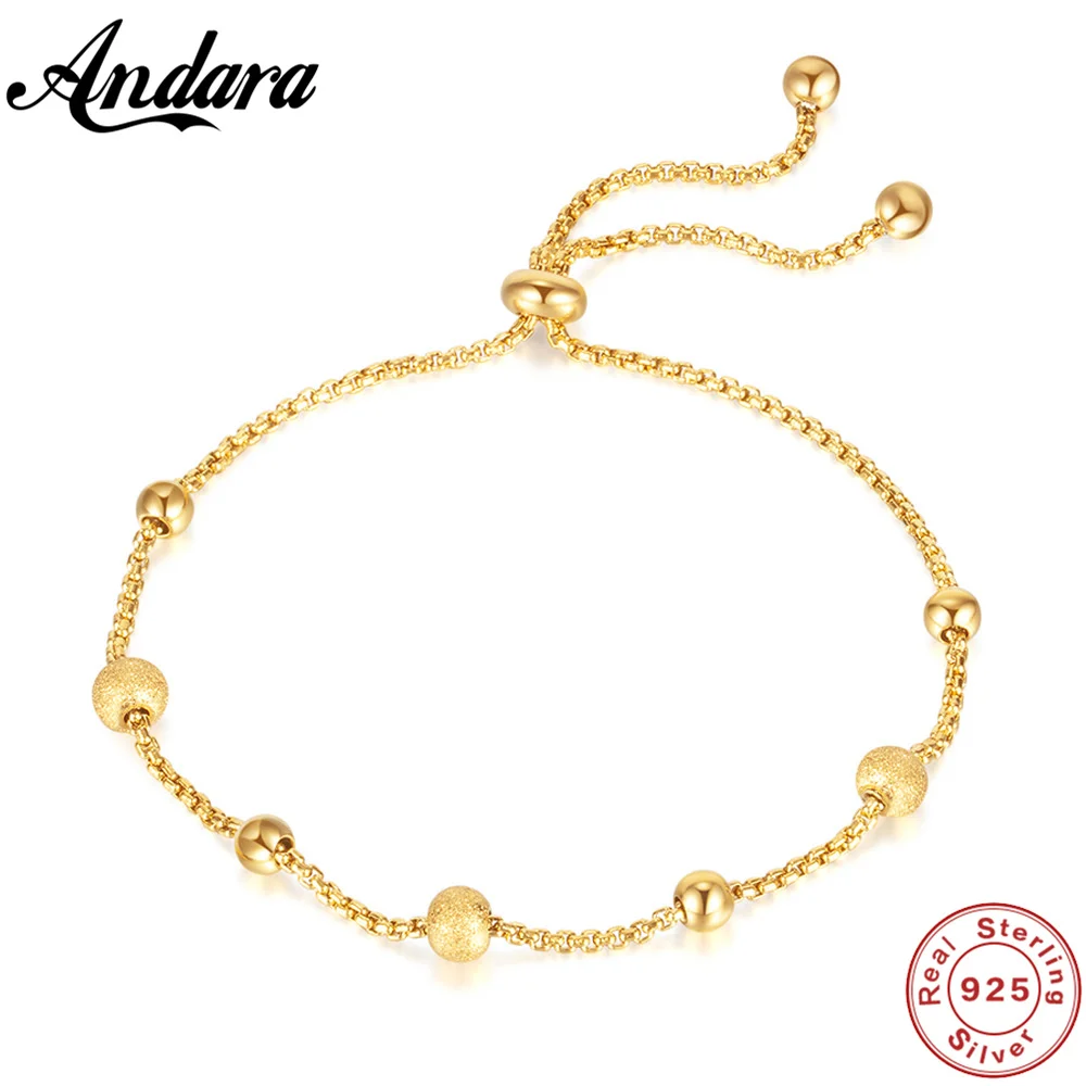 925 Sterling Silver Bracelet Small Gold Frosted Beads Push-pull Adjustable Cute 18k Gold Bracelet For Women Jewelry Gifts