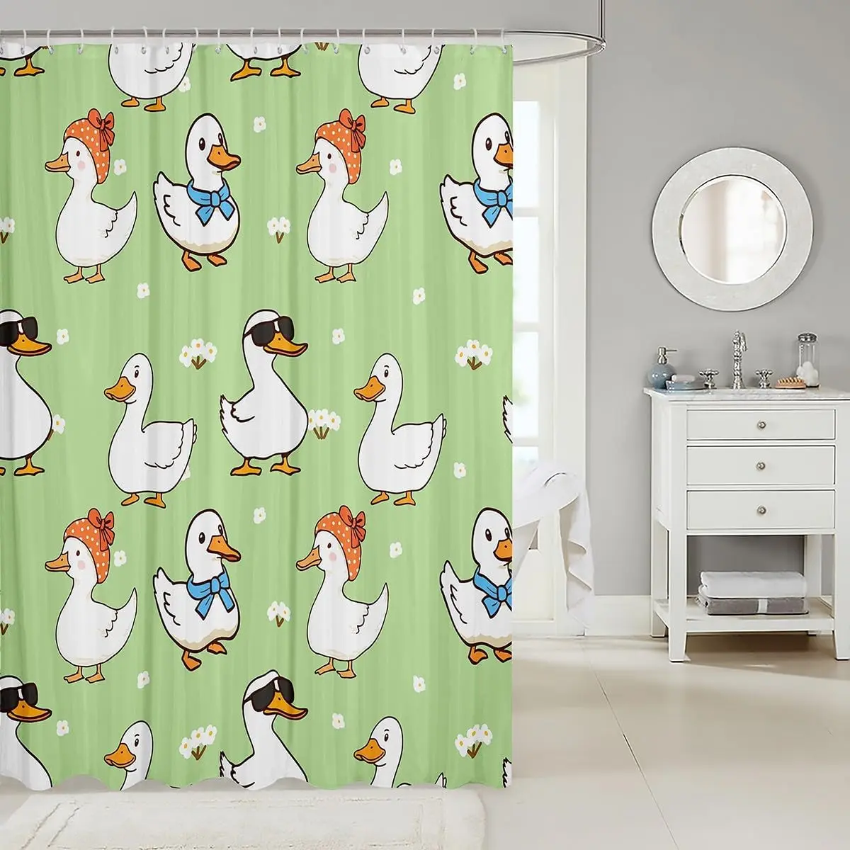 Cute Duck Shower Curtain, Funny Cartoon Bird Pattern Bath Decor, Green Farm Animal Art, Waterproof Polyester Fabric