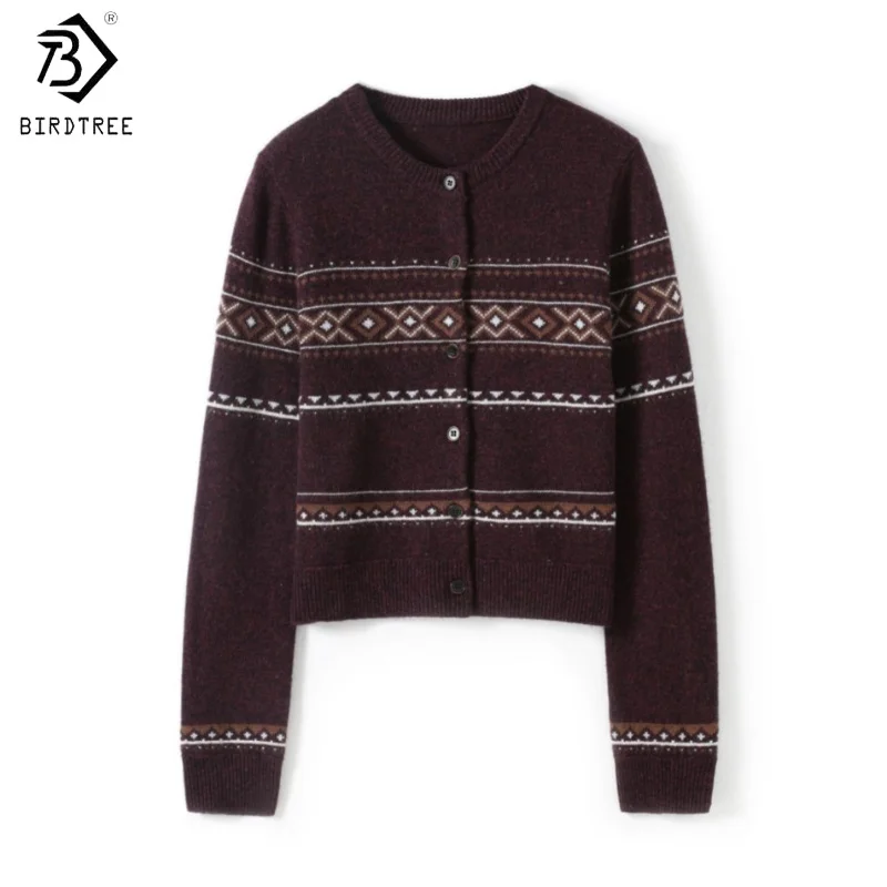 

Birdtree,100% Merino Wool Retro Knitted Cardigan,Woman Stripe Single Breasted O-neck Knitwear,2025 Autumn Winter SweaterT5O535JF