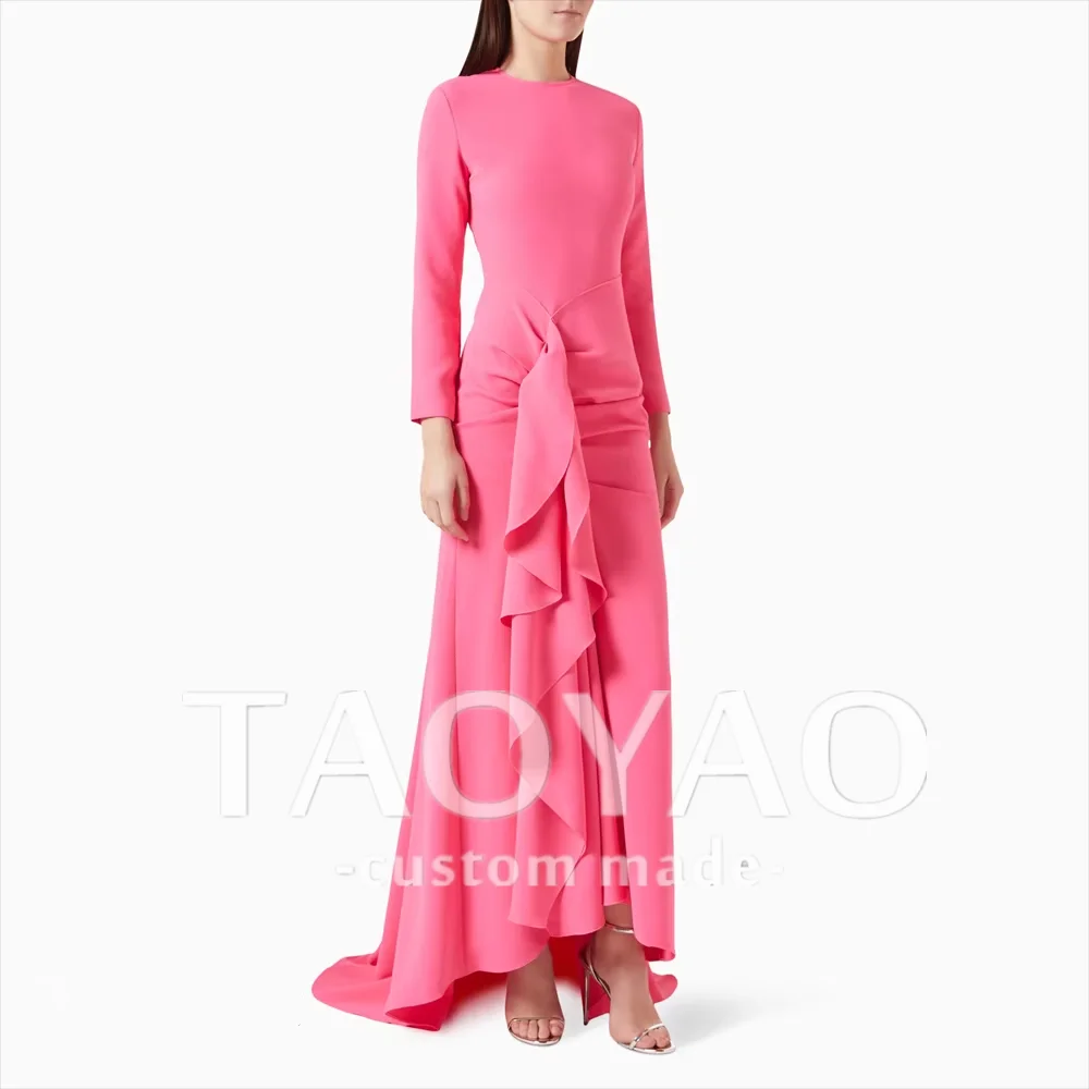 Elegant Pink Chiffon Mermaid Women\'s Formal Evening Dress with O Neck Long Sleeves Ruffles Ankle-length Crepe Party Gowns