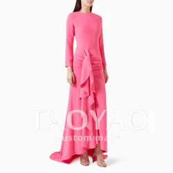 Elegant Pink Chiffon Mermaid Women's Formal Evening Dress with O Neck Long Sleeves Ruffles Ankle-length Crepe Party Gowns