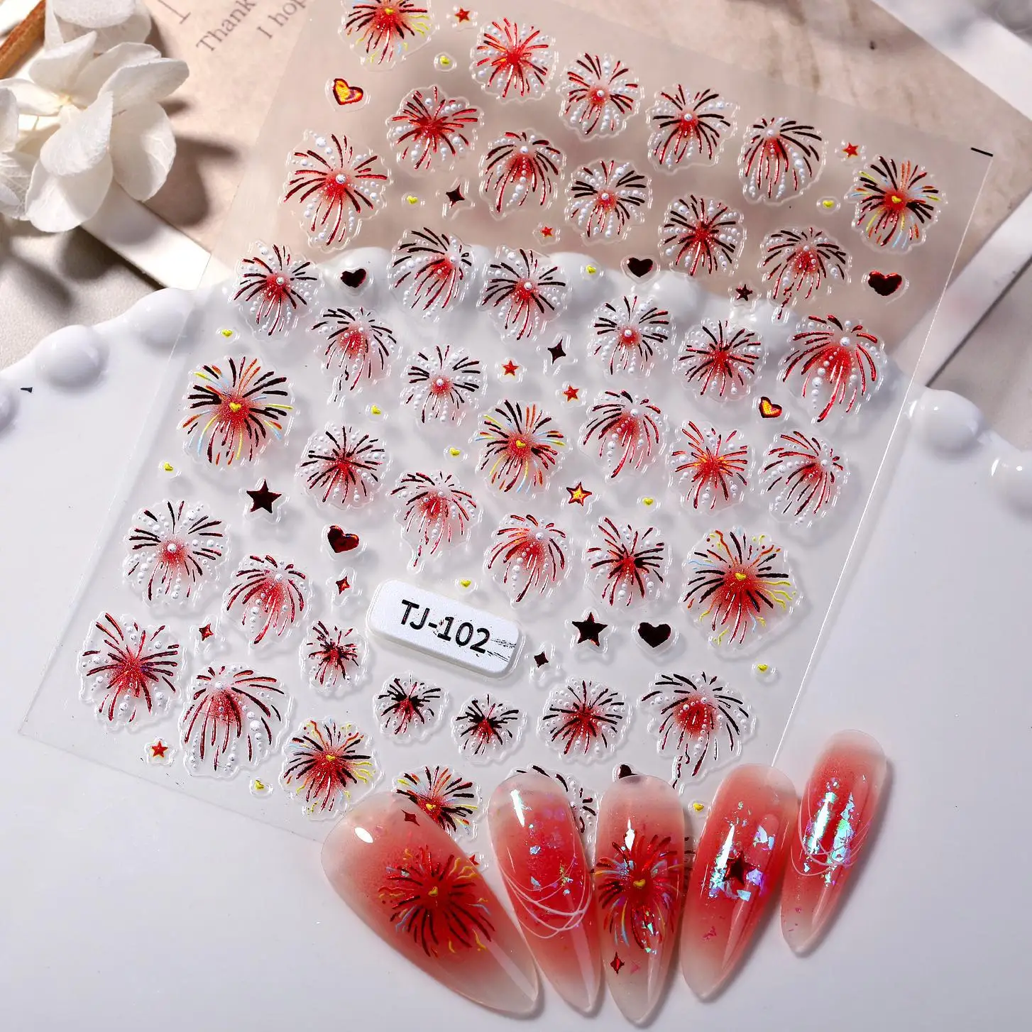 1 Set Atmospheric Firework Nail Stickers 3D Embossed New Year Fireworks Hearts Stars Waterproof DIY Nail Decor Ornaments