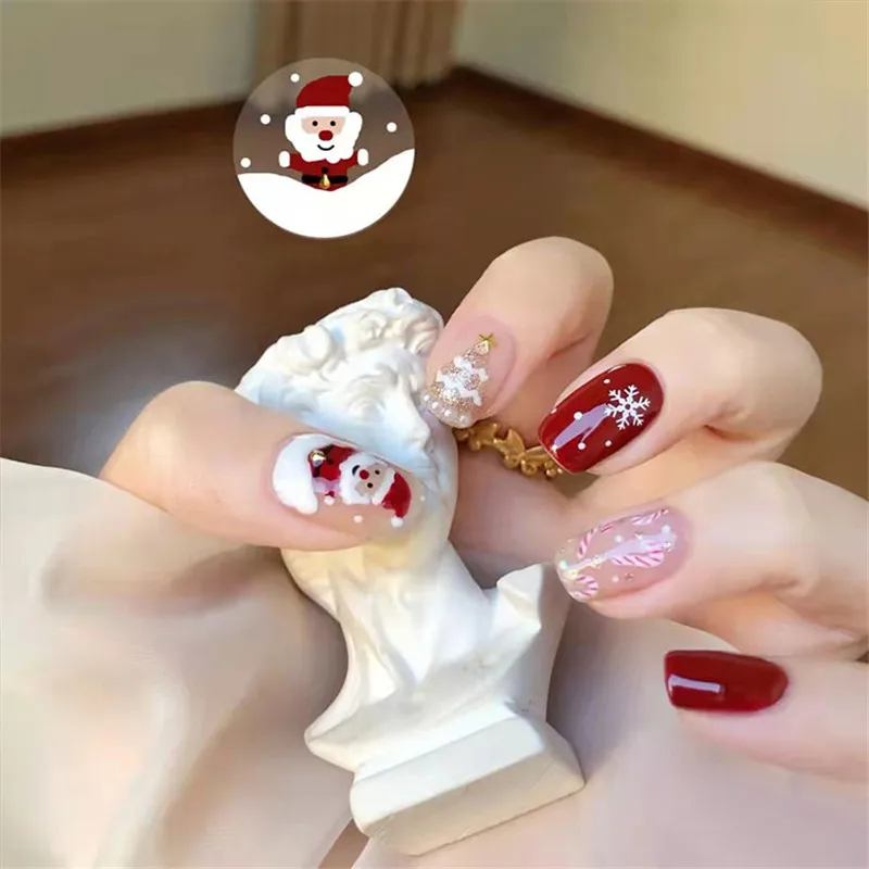 Santa Claus Wears Nail Enhancements Short Christmas Nail Enhancements Women False Nail Products Removable 24 Nail Tips