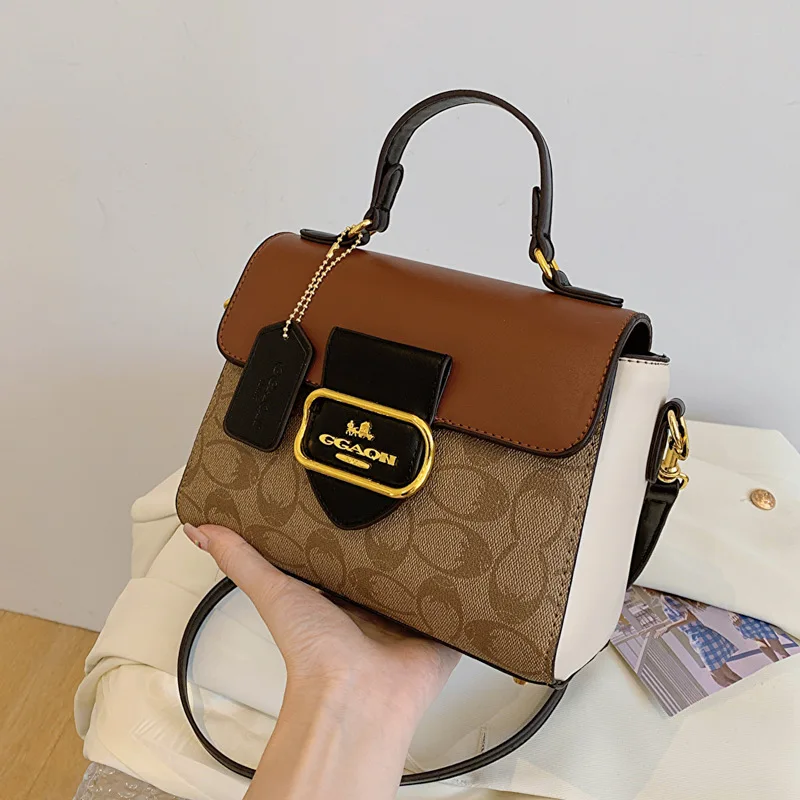 Khaki Dark Brown Monogram Box Bag Top Handle Design Adjustable Crossbody Strap Ladies Daily Handbag