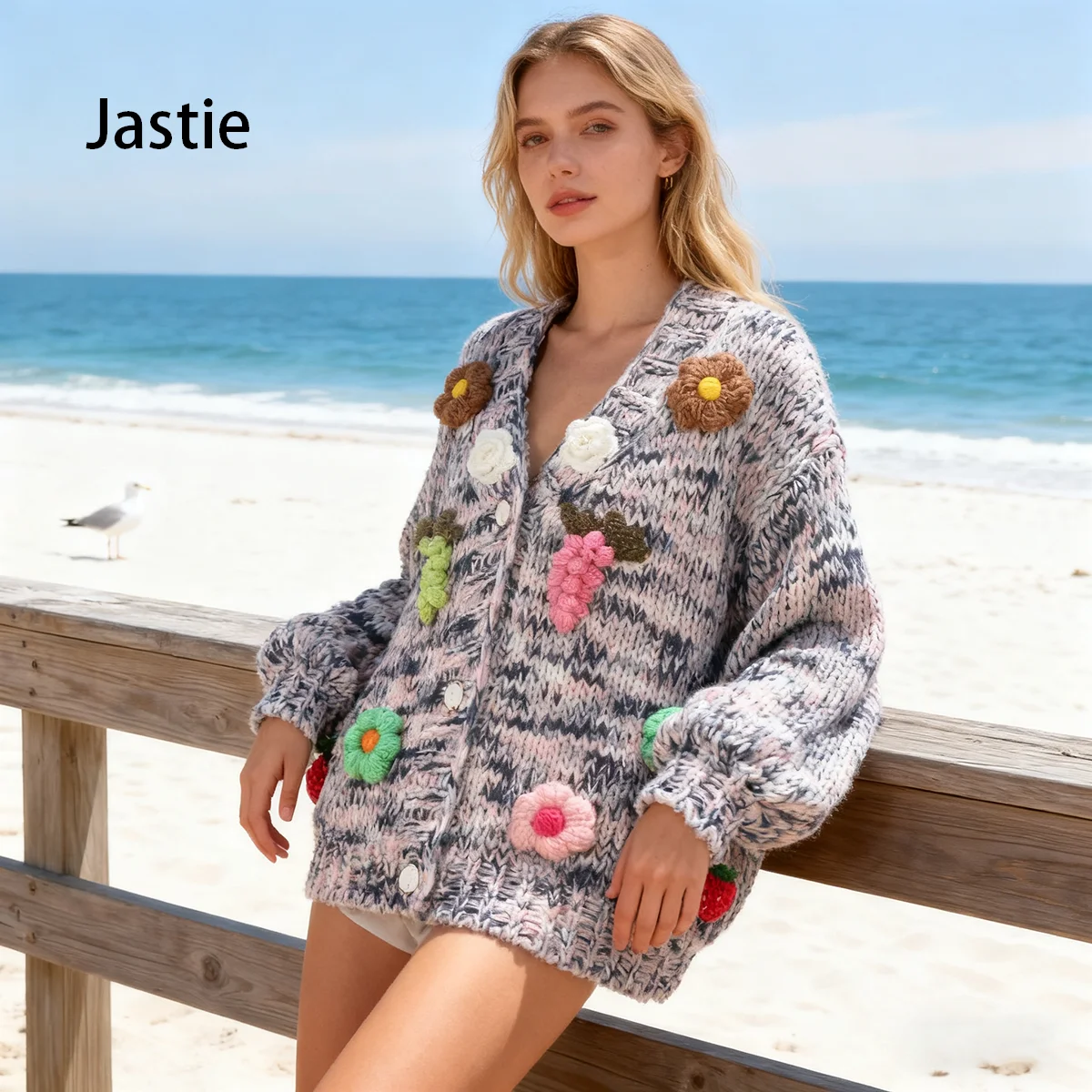 2026 Sweet Flower V-neck Sweater Cardigan Women Top Contrast Color Handmade Three-dimensional Flower Loose Long Sleeve Sweater