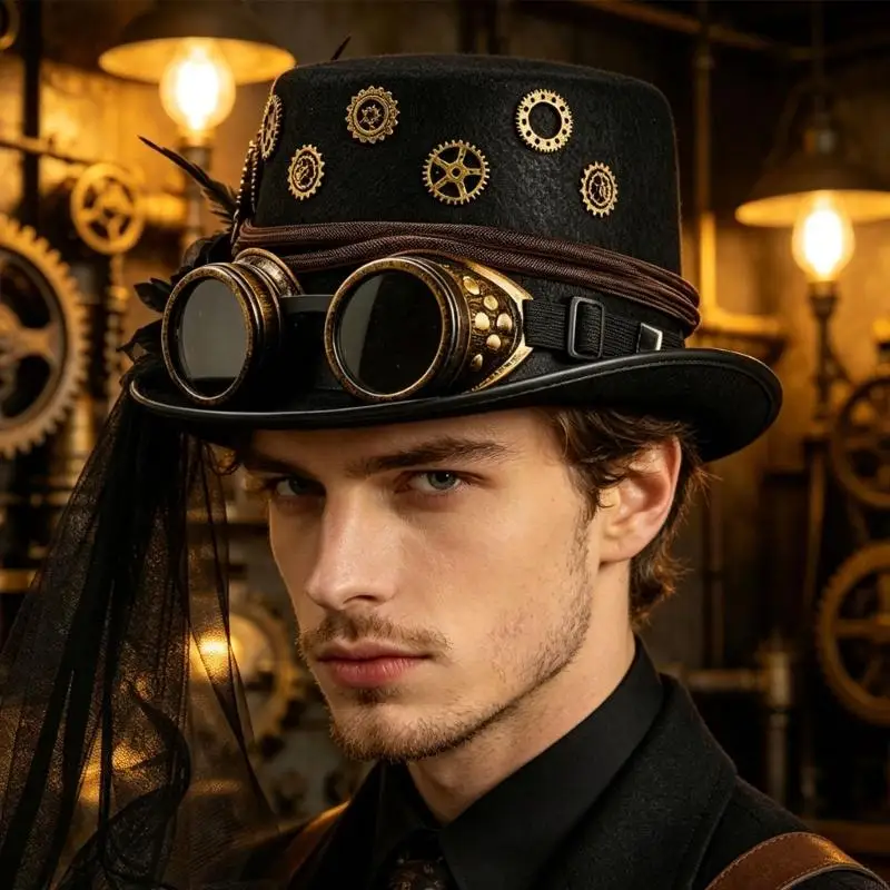 Steampunks-Themen-Mesh-Schleier-Top-Cap mit verstellbaren Brillendekoren, Modeaccessoire, Halloween-Kostümhüte, Y08E – Detail 10