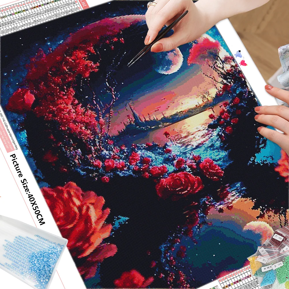 HUACAN Diamond Painting Landscape 5D DIY Embroidery Moon Picture Rhinestones Flower Mosaic Full Square Round Decor For Home