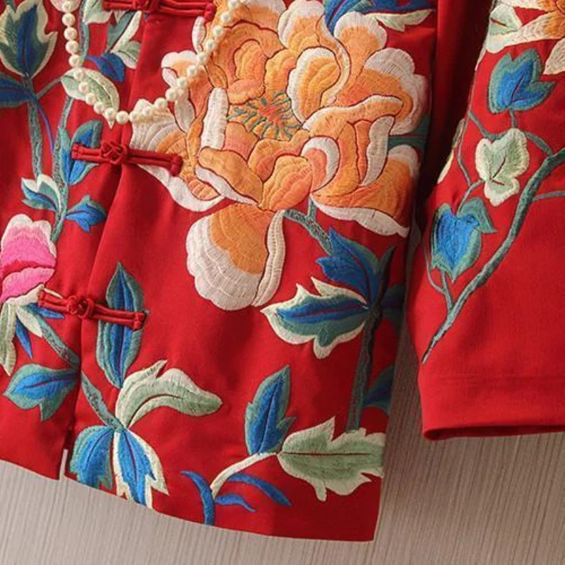 Chinese Style Tang Suit Jacket Spring and Summer National Style Embroidered Peony Short Cheongsam Style Blouse Female