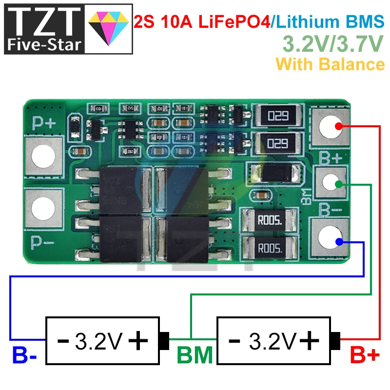 TZT BMS 2S 3.2V 3.7V 10A LiFePO4 / Lithium Battery Charge Protection Board 6.4V 7.2V 18650 32650 Battery Packs With Balance